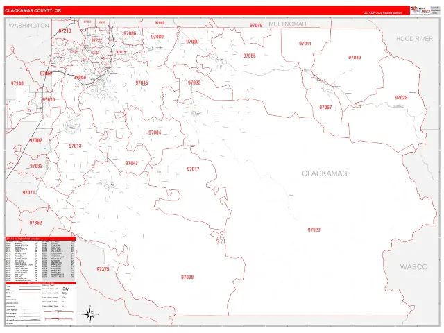 Clackamas County, OR ZIP Code Wall Map, RedLine style