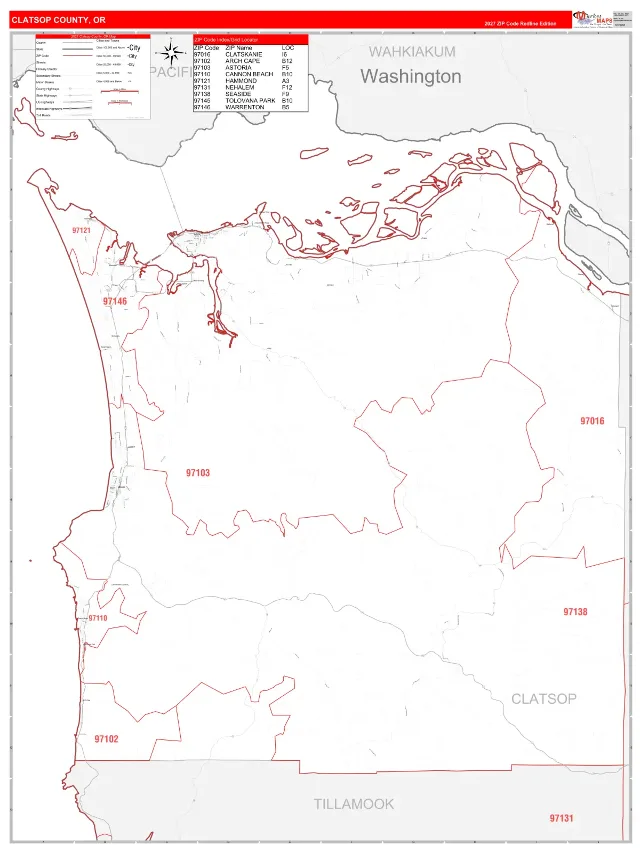 Clatsop County, OR ZIP Code Wall Map, RedLine style