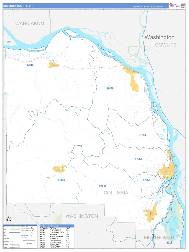 Columbia County, OR ZIP Code Wall Map, Business Reference style