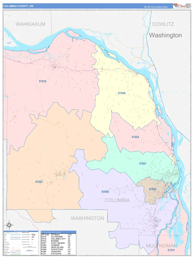 Columbia County, OR ZIP Code Wall Map, ColorCast style