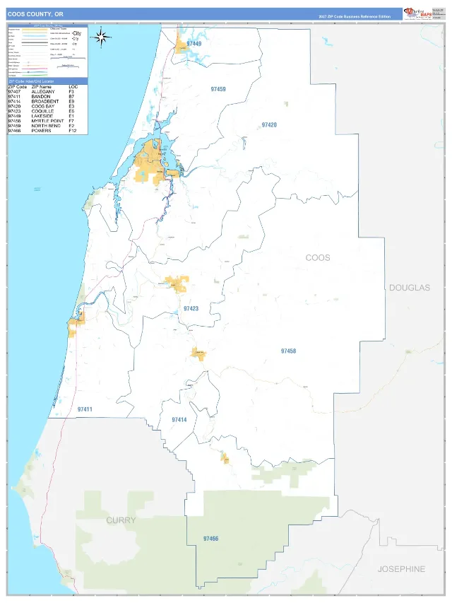 Coos County, OR ZIP Code Wall Map, Business Reference style