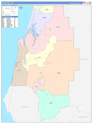 Coos County, OR ColorCast style ZIP Code wall map