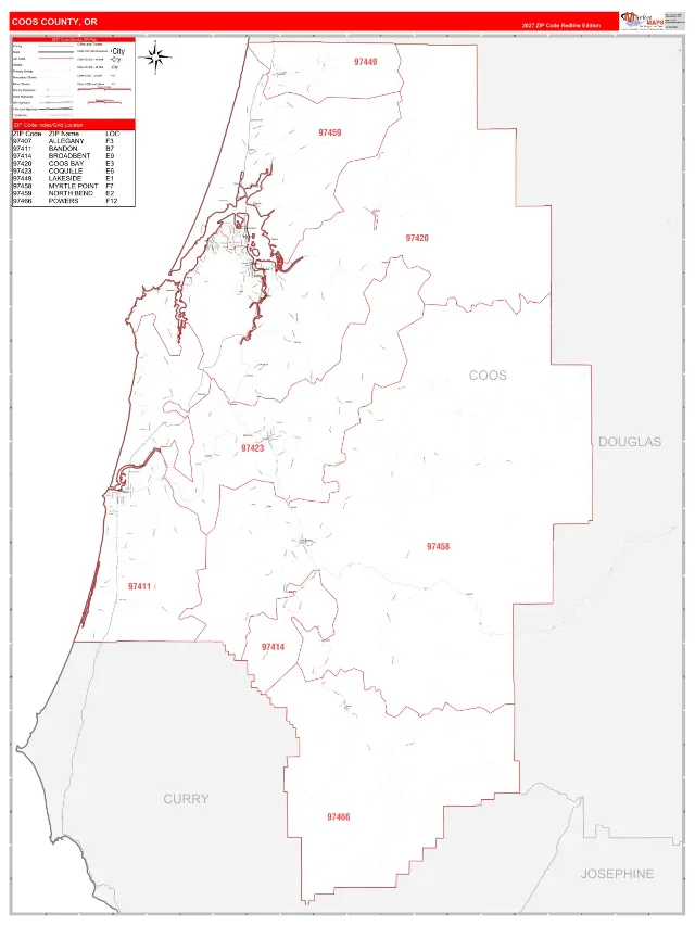 Coos County, OR ZIP Code Wall Map, RedLine style