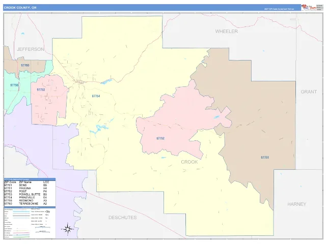 Crook County, OR ZIP Code Wall Map, ColorCast style
