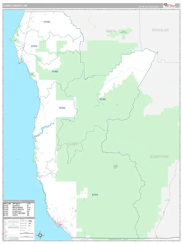 Curry County, OR ZIP Code Wall Map, Classic style