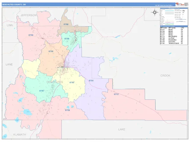 Deschutes County, OR ZIP Code Wall Map, ColorCast style