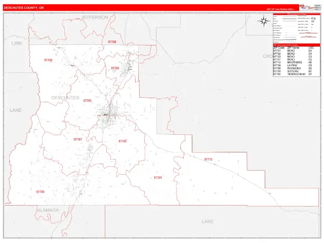Deschutes County, OR ZIP Code Wall Map, RedLine style