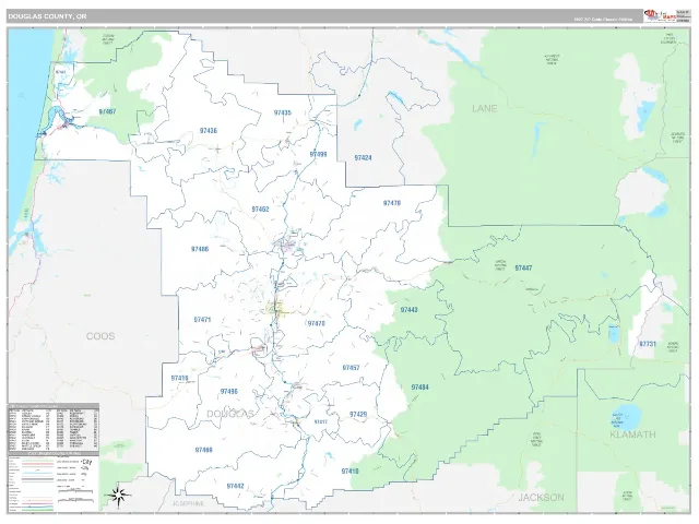 Douglas County, OR ZIP Code Wall Map, Classic style