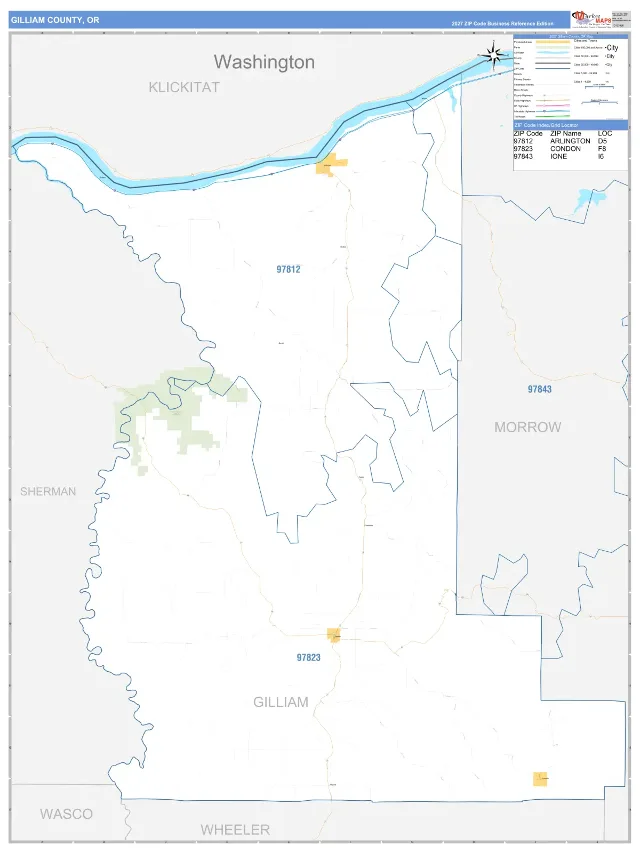 Gilliam County, OR ZIP Code Wall Map, Business Reference style