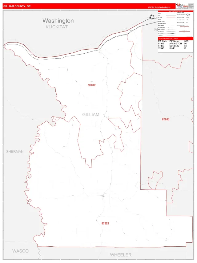 Gilliam County, OR ZIP Code Wall Map, RedLine style