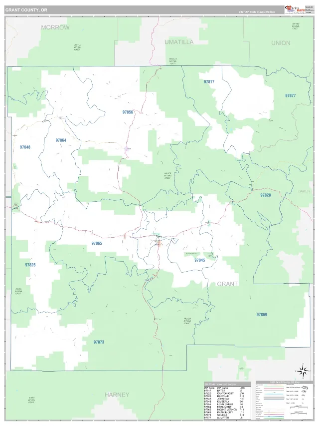 Grant County, OR ZIP Code Wall Map, Classic style