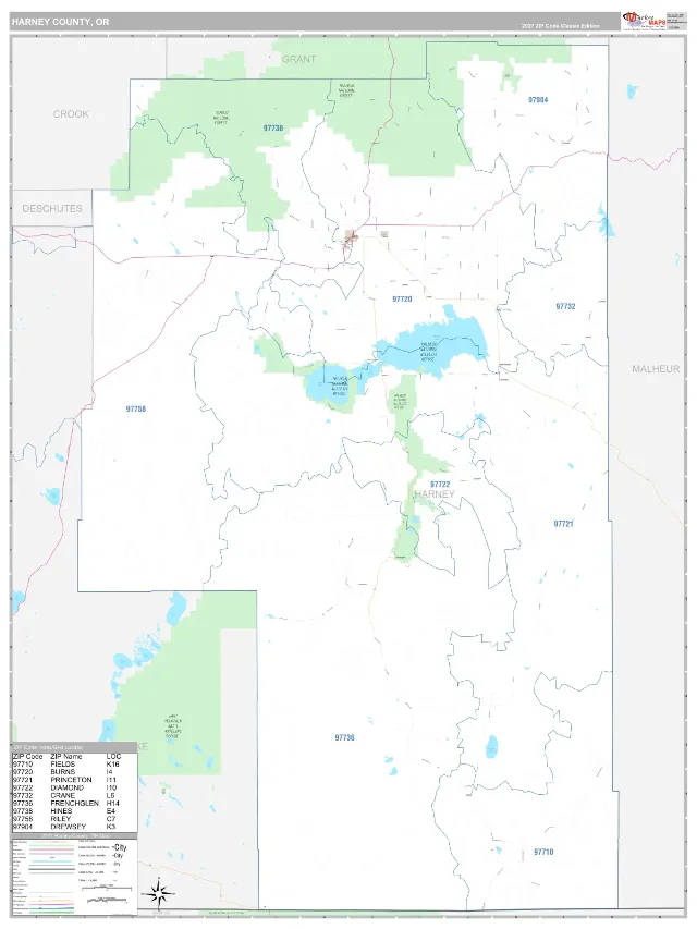Harney County, OR ZIP Code Wall Map, Classic style