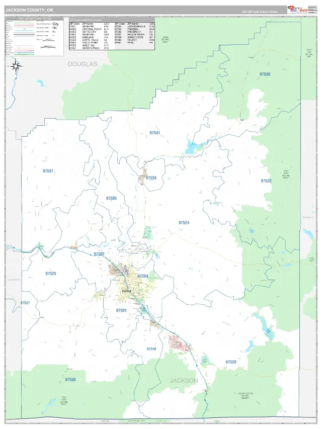 Jackson County, OR ZIP Code Wall Map, Classic style