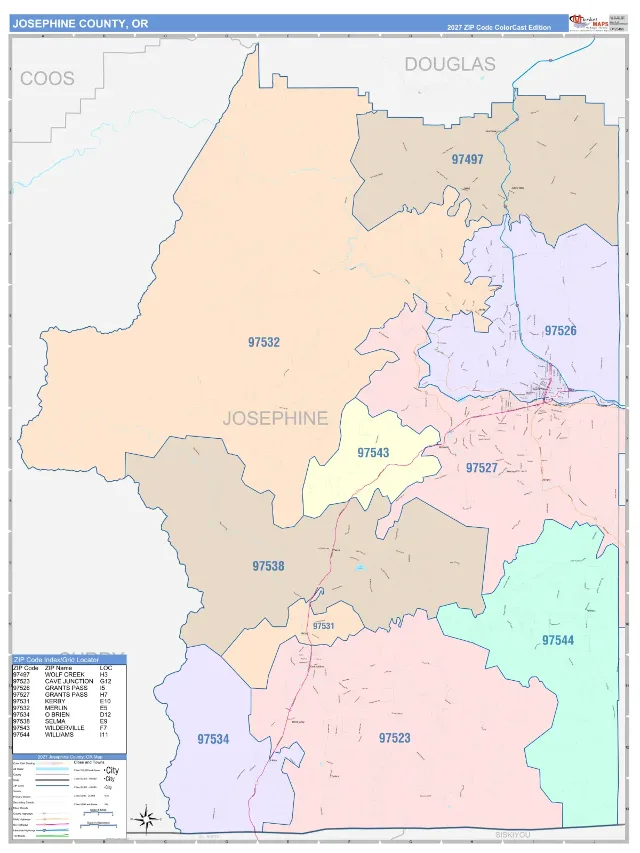 Josephine County, OR ZIP Code Wall Map, ColorCast style