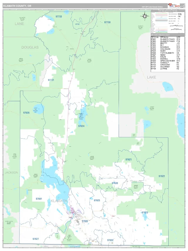 Klamath County, OR ZIP Code Wall Map, Classic style