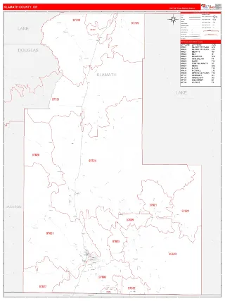 Klamath County, OR RedLine style ZIP Code wall map