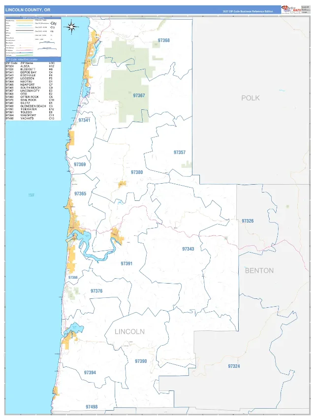 Lincoln County, OR ZIP Code Wall Map, Business Reference style