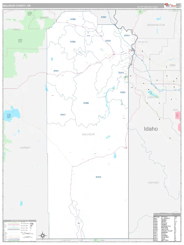 Malheur County, OR ZIP Code Wall Map, Classic style
