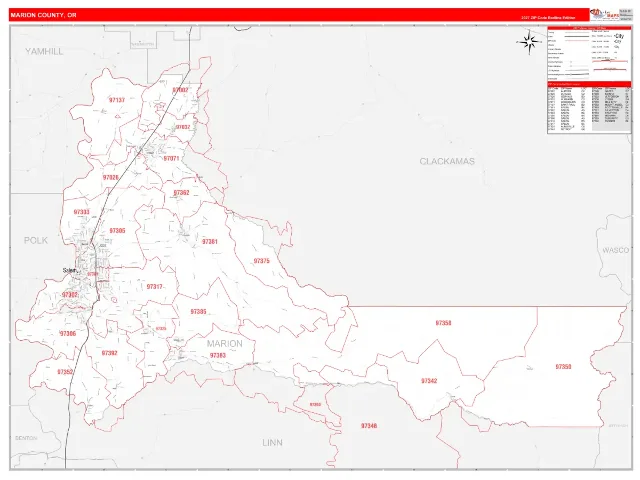 Marion County, OR ZIP Code Wall Map, RedLine style