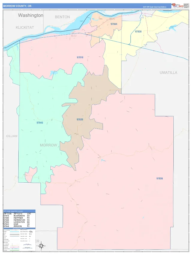 Morrow County, OR ZIP Code Wall Map, ColorCast style