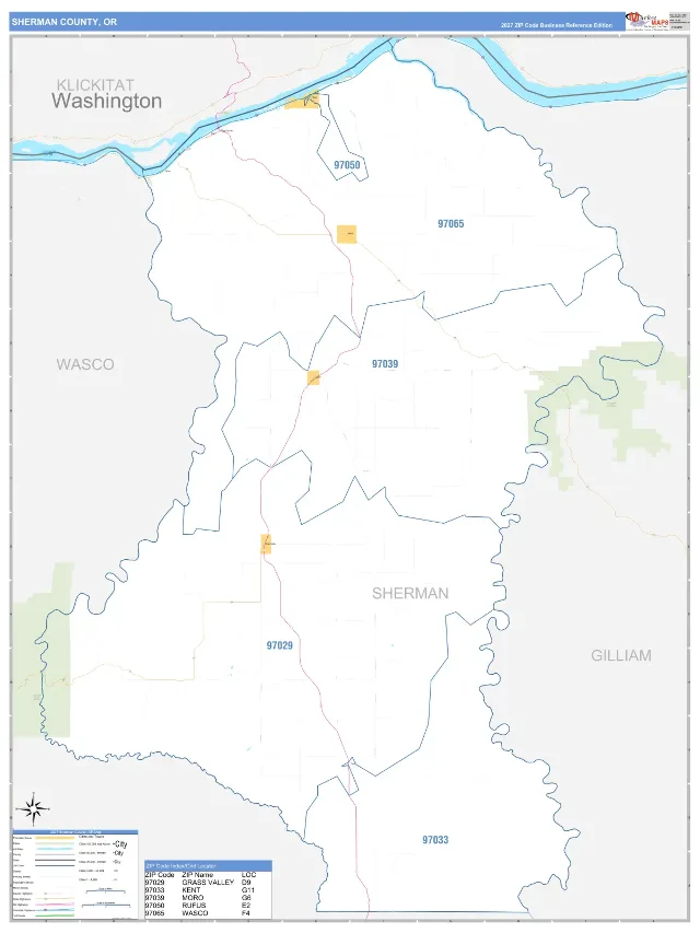 Sherman County, OR ZIP Code Wall Map, Business Reference style
