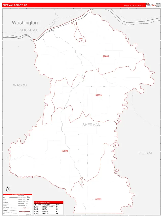 Sherman County, OR ZIP Code Wall Map, RedLine style