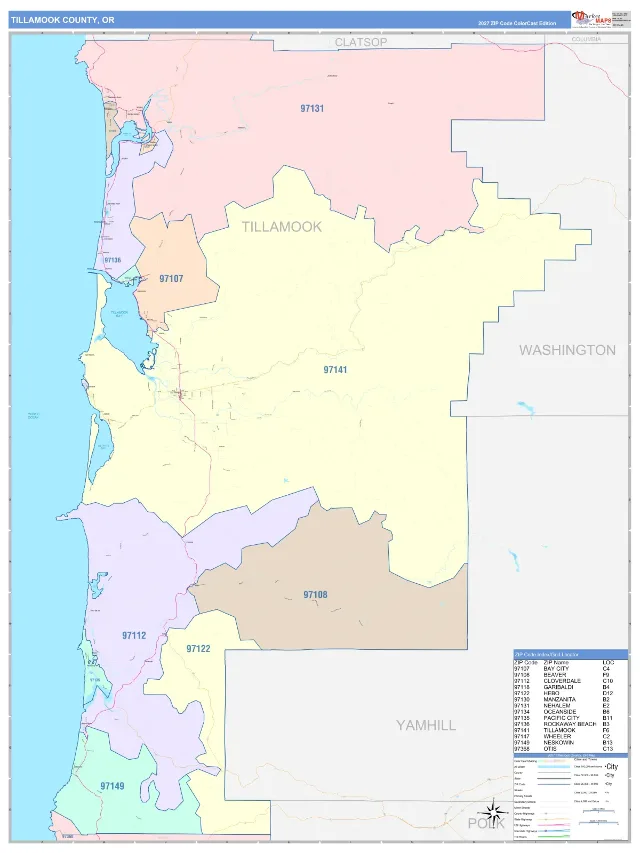 Tillamook County, OR ZIP Code Wall Map, ColorCast style
