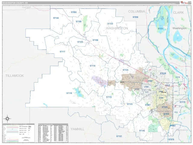 Washington County, OR ZIP Code Wall Map, Classic style