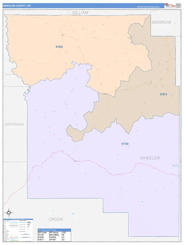 Wheeler County, OR ZIP Code Wall Map, ColorCast style