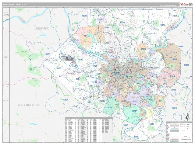 Allegheny County, PA ZIP Code Wall Map, Classic style