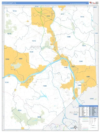 Beaver County, PA Business Reference style ZIP Code wall map