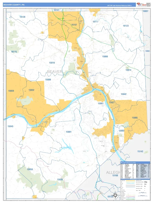 Beaver County, PA ZIP Code Wall Map, Business Reference style