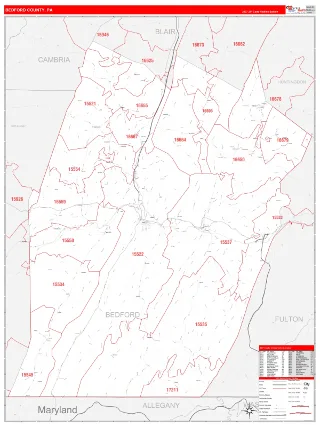Bedford County, PA RedLine style ZIP Code wall map