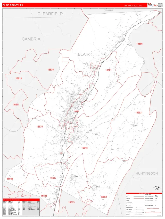 Blair County, PA ZIP Code Wall Map, RedLine style