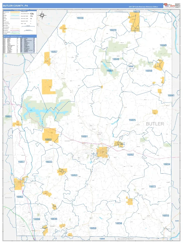Butler County, PA ZIP Code Wall Map, Business Reference style