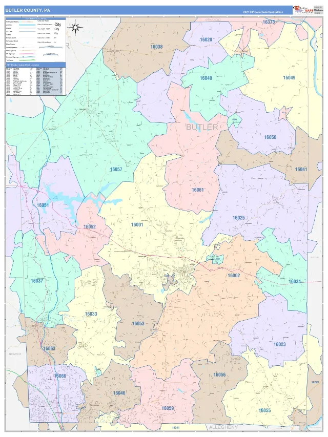 Butler County, PA ZIP Code Wall Map, ColorCast style