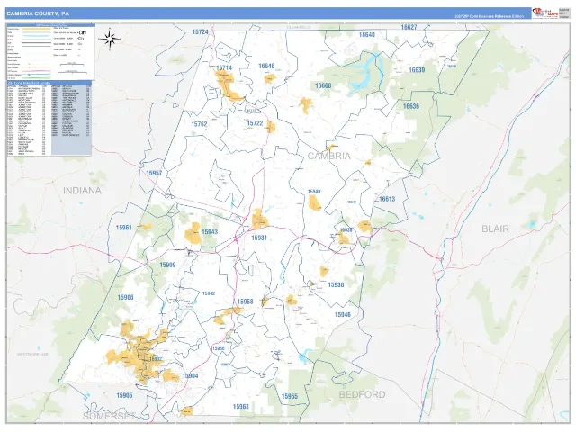 Cambria County, PA ZIP Code Wall Map, Business Reference style