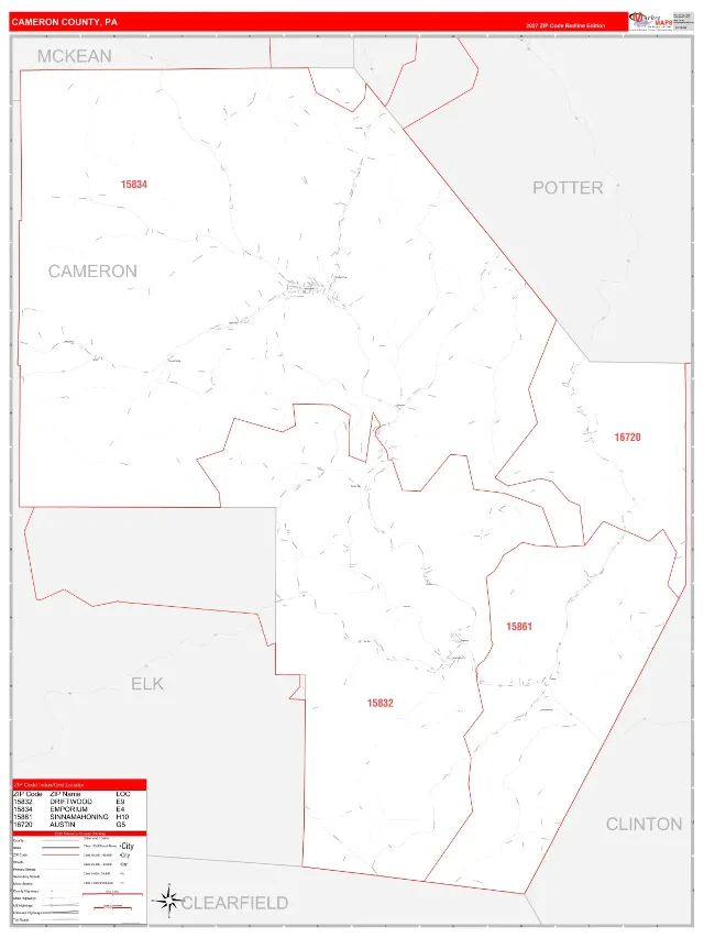 Cameron County, PA ZIP Code Wall Map, RedLine style