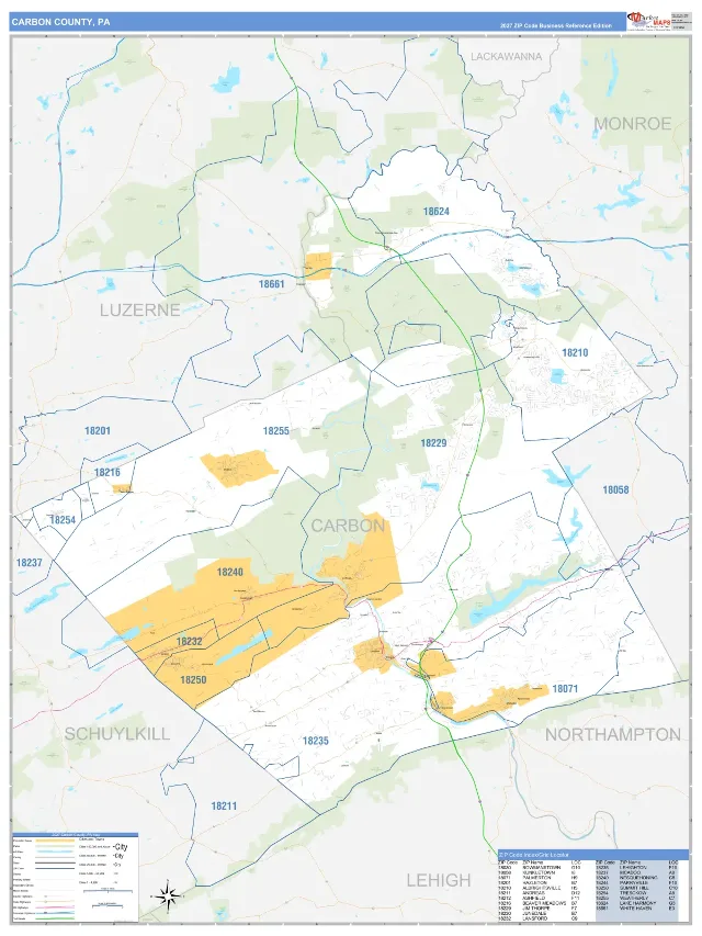 Carbon County, PA ZIP Code Wall Map, Business Reference style