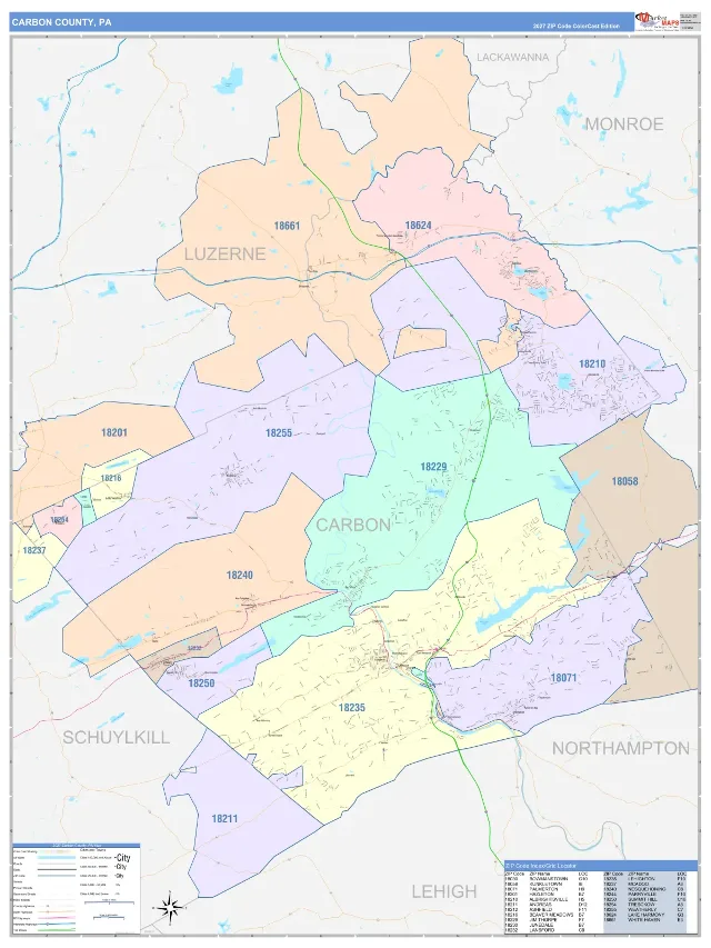 Carbon County, PA ZIP Code Wall Map, ColorCast style