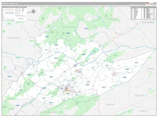Centre County, PA ZIP Code Wall Map, Classic style