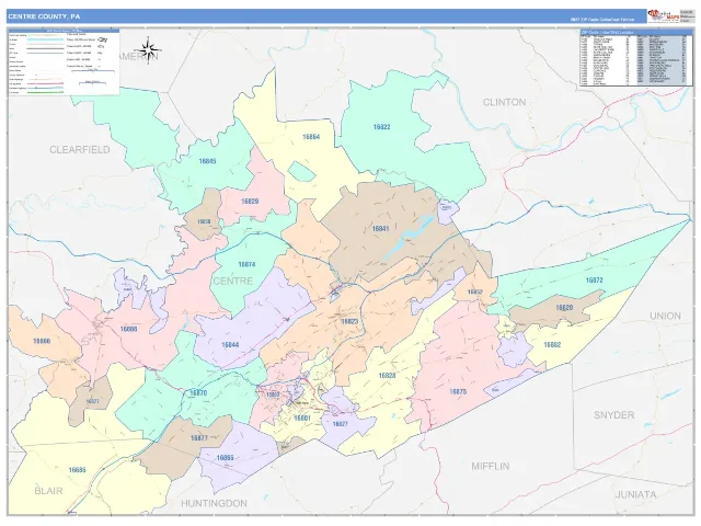 Centre County, PA ZIP Code Wall Map, ColorCast style