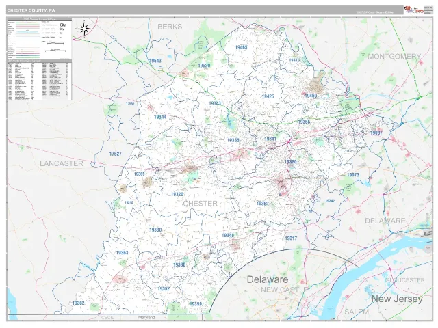 Chester County, PA ZIP Code Wall Map, Classic style