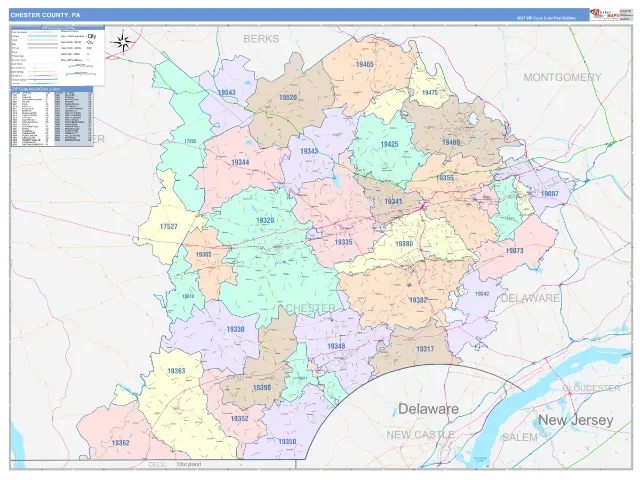 Chester County, PA ZIP Code Wall Map, ColorCast style
