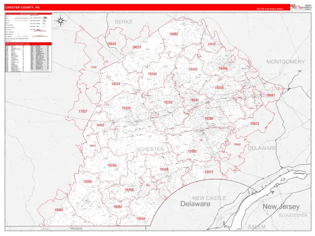 Chester County, PA ZIP Code Wall Map, RedLine style