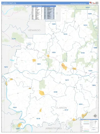 Clarion County, PA Business Reference style ZIP Code wall map
