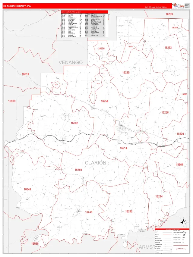 Clarion County, PA ZIP Code Wall Map, RedLine style
