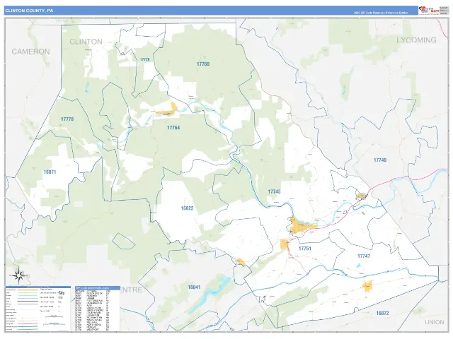 Clinton County, PA ZIP Code Wall Map, Business Reference style