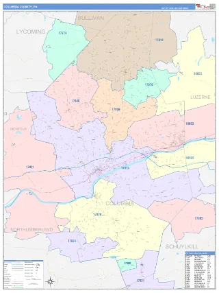 Columbia County, PA ColorCast style ZIP Code wall map