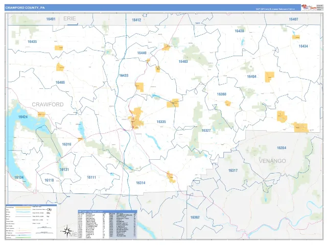 Crawford County, PA ZIP Code Wall Map, Business Reference style